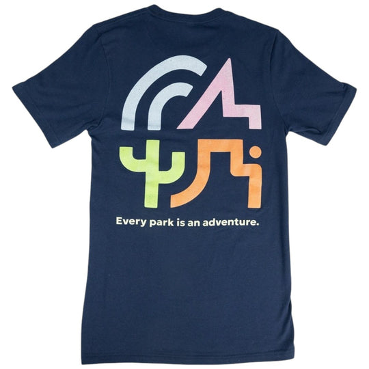 A navy blue short-sleeve t-shirt with a colorful back graphic featuring stylized letters and the text &