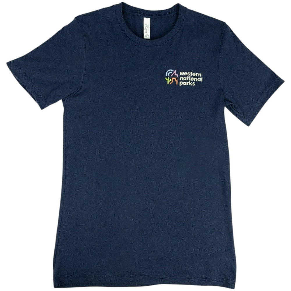 A navy blue short-sleeve crewneck t-shirt featuring the &