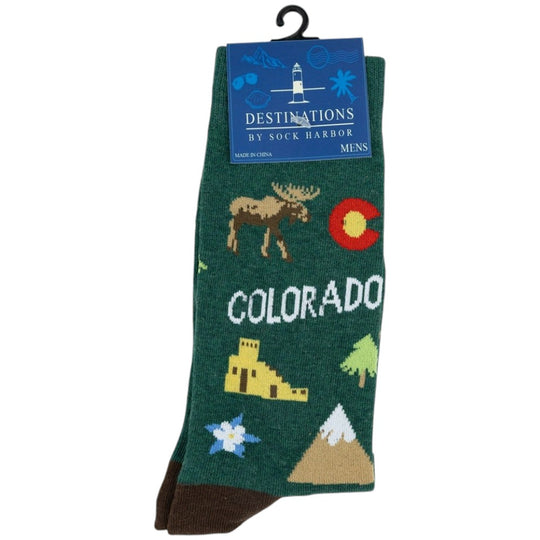 A pair of dark green knit socks with Colorado-themed graphics, including a moose, the Colorado state flag, &