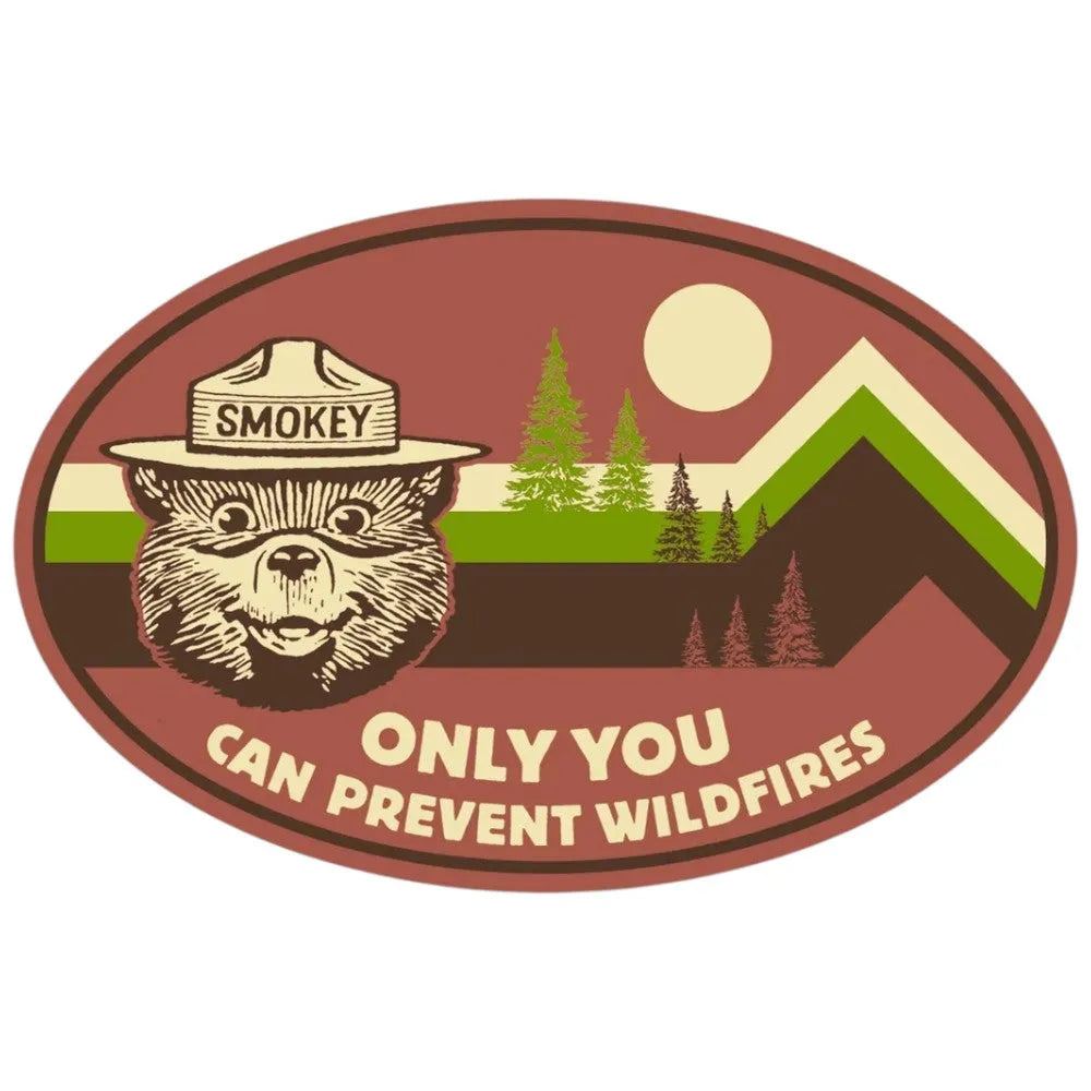 Smokey Bear vintage-style sticker with mountain stripes, trees, and the message “Only You Can Prevent Wildfires.”