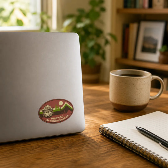 A silver laptop on a wooden desk with a round sticker with a Smokey Bear sticker on it that reads &