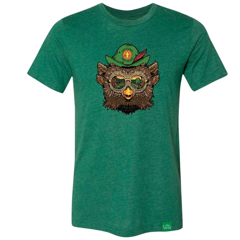 A heather green crewneck t-shirt featuring a cartoon Woodsy Owl graphic wearing a green hat and round glasses on the chest. The t-shirt is on a plain white background.