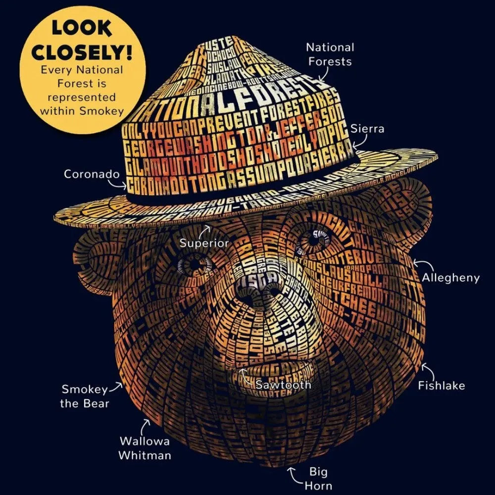 A close up of the Smokey Bear graphic. The image is of Smokey Bear wearing his classic flat hat, but the image is made up of stylized words. The graphic states "Look closely - Every National Forest is represented within Smokey." There are arrows pointing to the names of different national forests, including Coronado, Sierra, Superior, Wallow Whitman, Big Horn, Allegheny, and Fishlake. There are also two arrows pointing to the words Smokey the Bear and National Forests. 