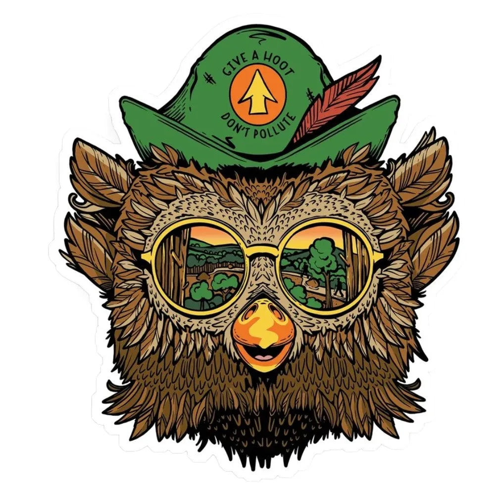 A die-cut sticker featuring a stylized Woodsy Owl wearing a green hat with an orange arrow and the words &