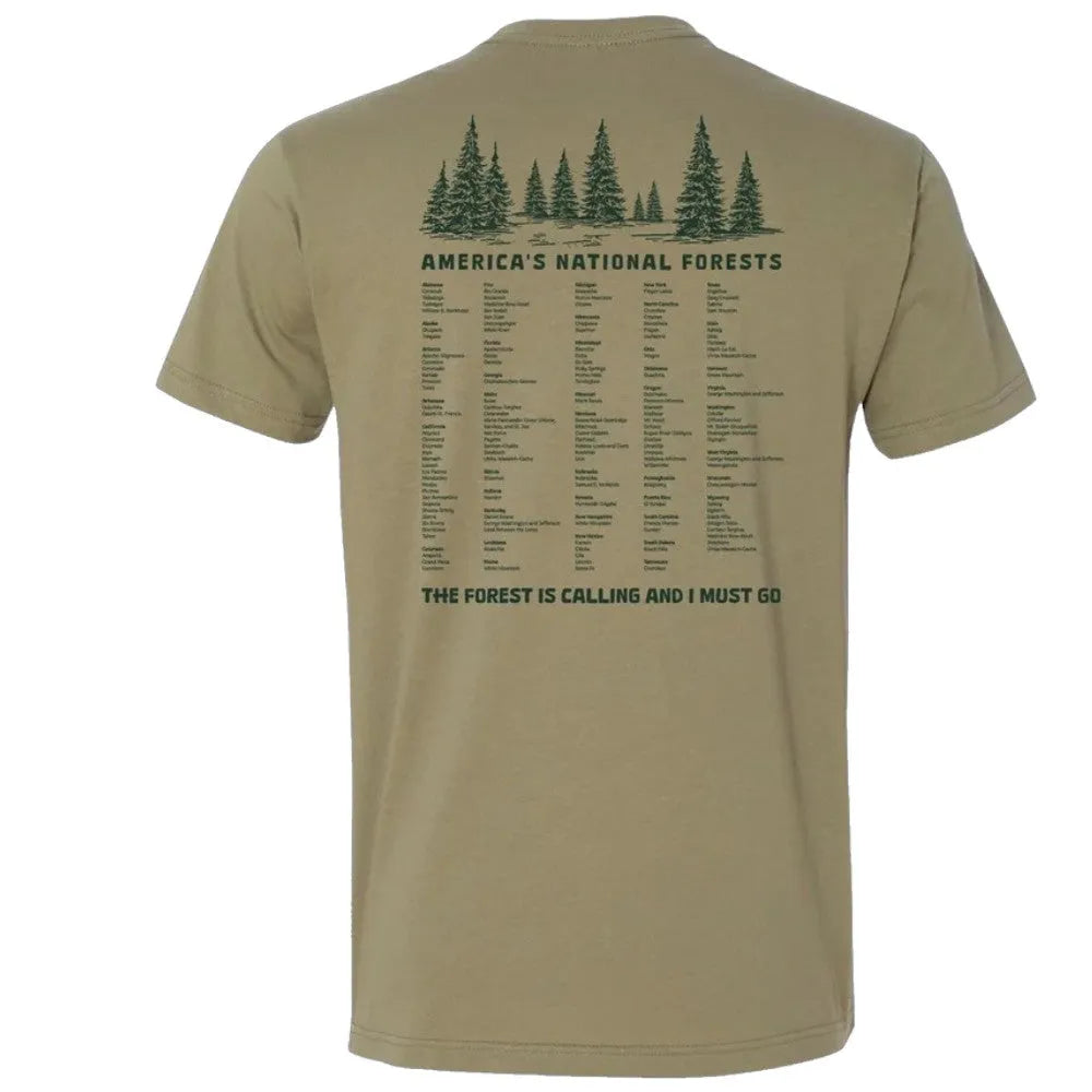 Back of tan America’s National Forests T-shirt with tree graphic, forest list, and “The Forest Is Calling And I Must Go” text.