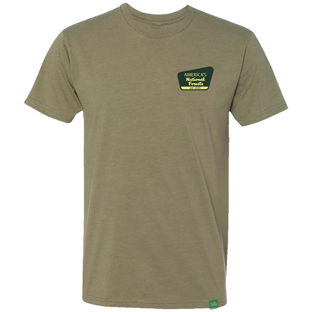 An olive green crewneck t-shirt with a small dark green and yellow graphic on the left chest reading &