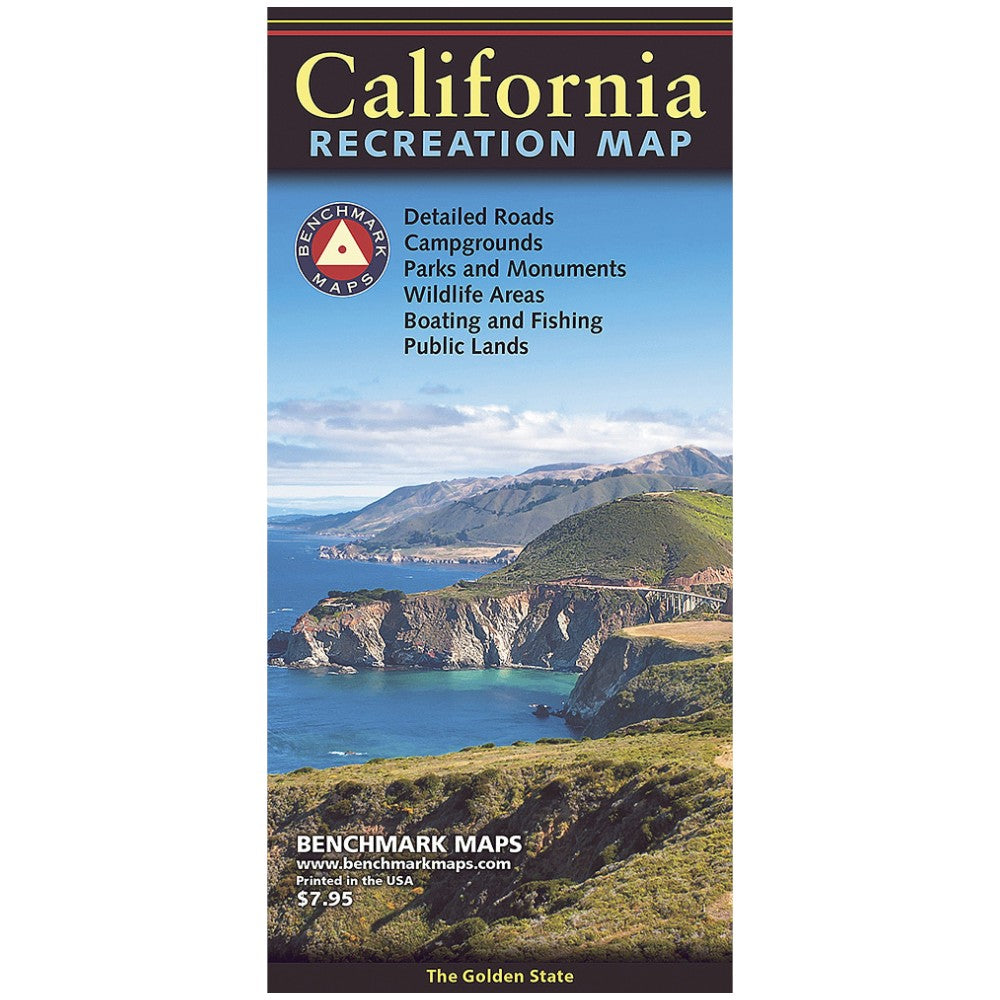 Front cover of a California Recreation Map by Benchmark Maps, featuring a coastal landscape photo with cliffs, blue water, and mountains, plus product text and price information.