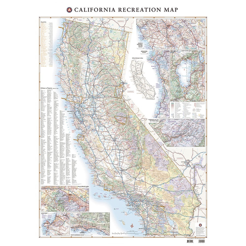 A California Recreation Map poster showing a detailed topographic map of California with roads, coastlines, insets, and labels on a white background.
