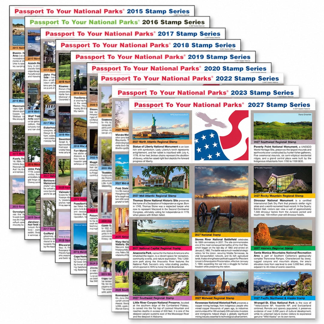 A fan arrangement of multiple Passport To Your National Parks stamp series sheets, ending with the year 2027, each showing a different set of national park stamps with landscape photos and text labels.