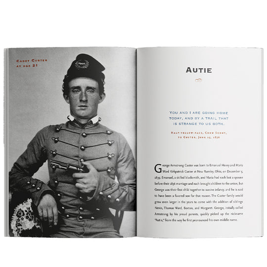 An open book showing a black-and-white portrait of a young man in uniform on the left page and an article titled &