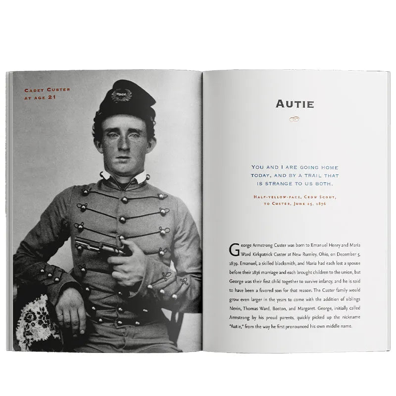An open book showing a black-and-white portrait of a young man in uniform on the left page and an article titled 'AUTIE' with text on the right page.