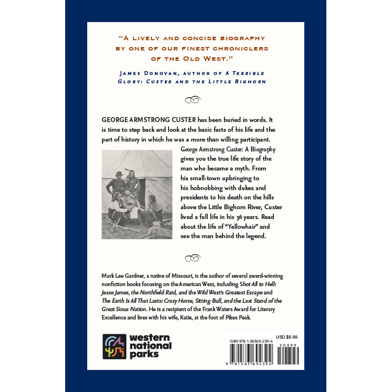 Back cover of a book titled George Armstrong Cluster: A Biography, featuring a white central panel with black text, a small black-and-white historical photo, and a blue border. The bottom includes the Western National Parks logo, barcode, and price.