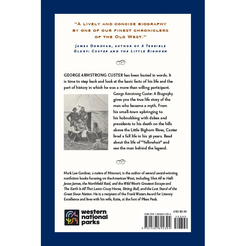 Back cover of a book titled George Armstrong Cluster: A Biography, featuring a white central panel with black text, a small black-and-white historical photo, and a blue border. The bottom includes the Western National Parks logo, barcode, and price.