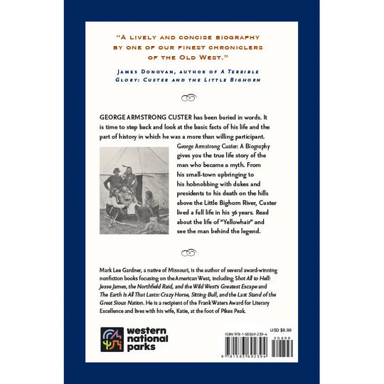 Back cover of a book titled George Armstrong Cluster: A Biography, featuring a white central panel with black text, a small black-and-white historical photo, and a blue border. The bottom includes the Western National Parks logo, barcode, and price.