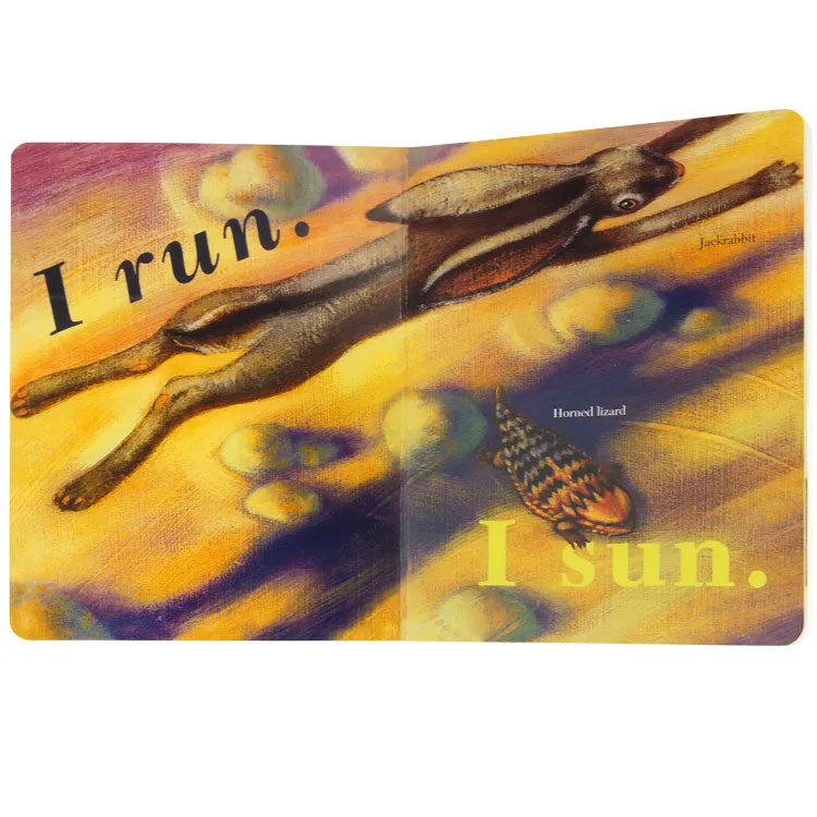 Interior pages from I Howl I Growl by Marcia Vaughan and illustrated by Polly Powell about jackrabbits and horned lizards