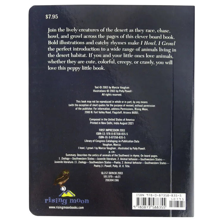 Back cover of I Howl I Growl by Marcia Vaughan and illustrated by Polly Powell