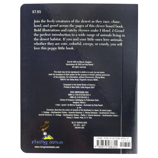 Back cover of I Howl I Growl by Marcia Vaughan and illustrated by Polly Powell