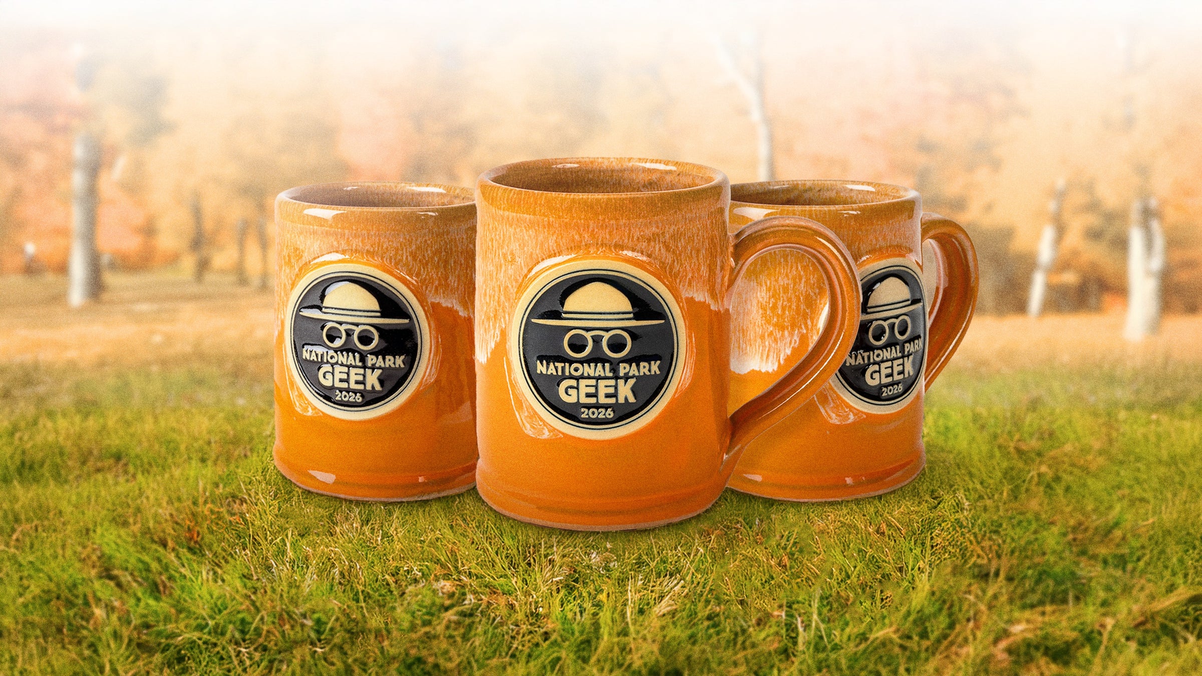 Three 2026 Nataional Park Geen Rancher ceramic mugs on a grassy background