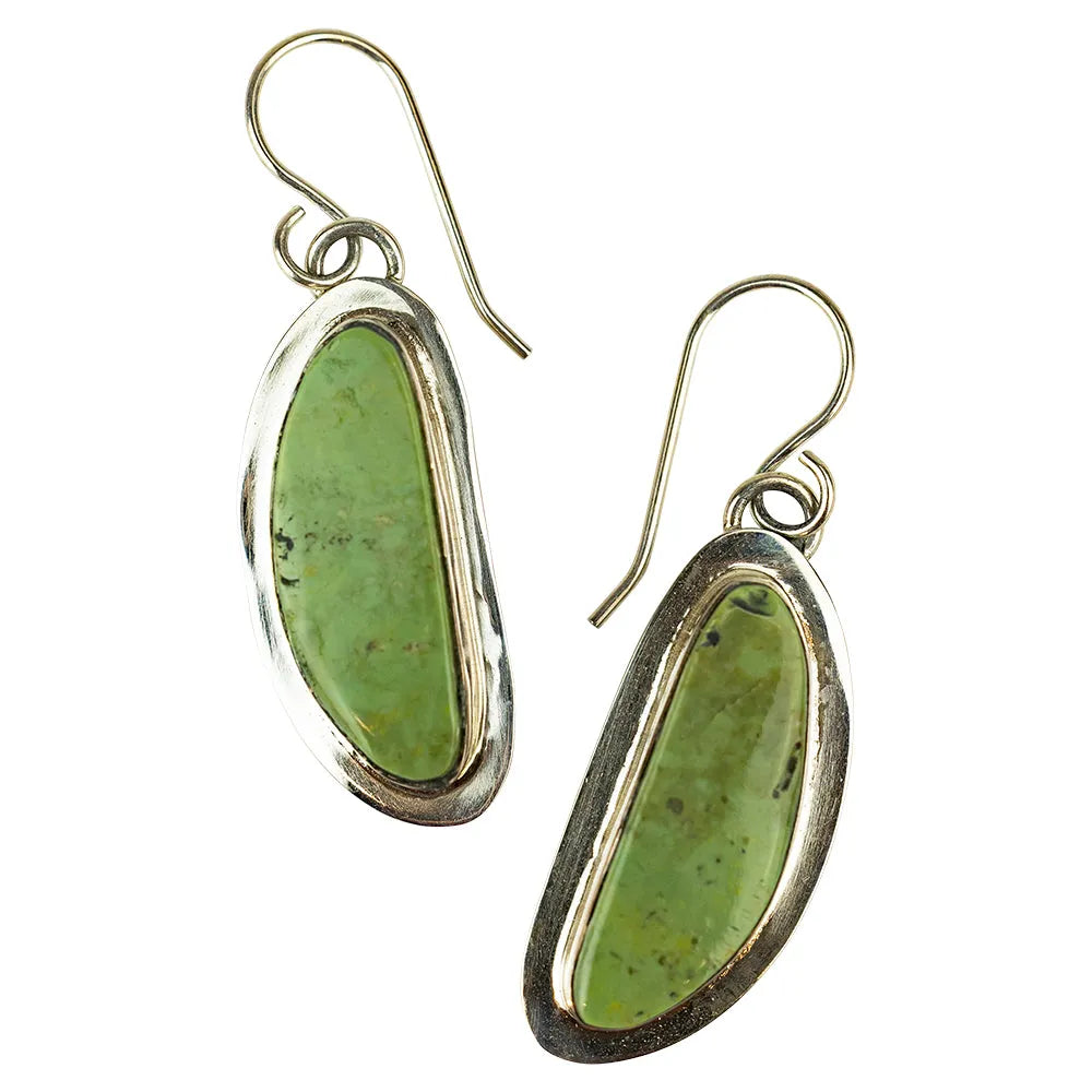 Sterling silver fishhook earrings with Tyrone turquoise stones on white background