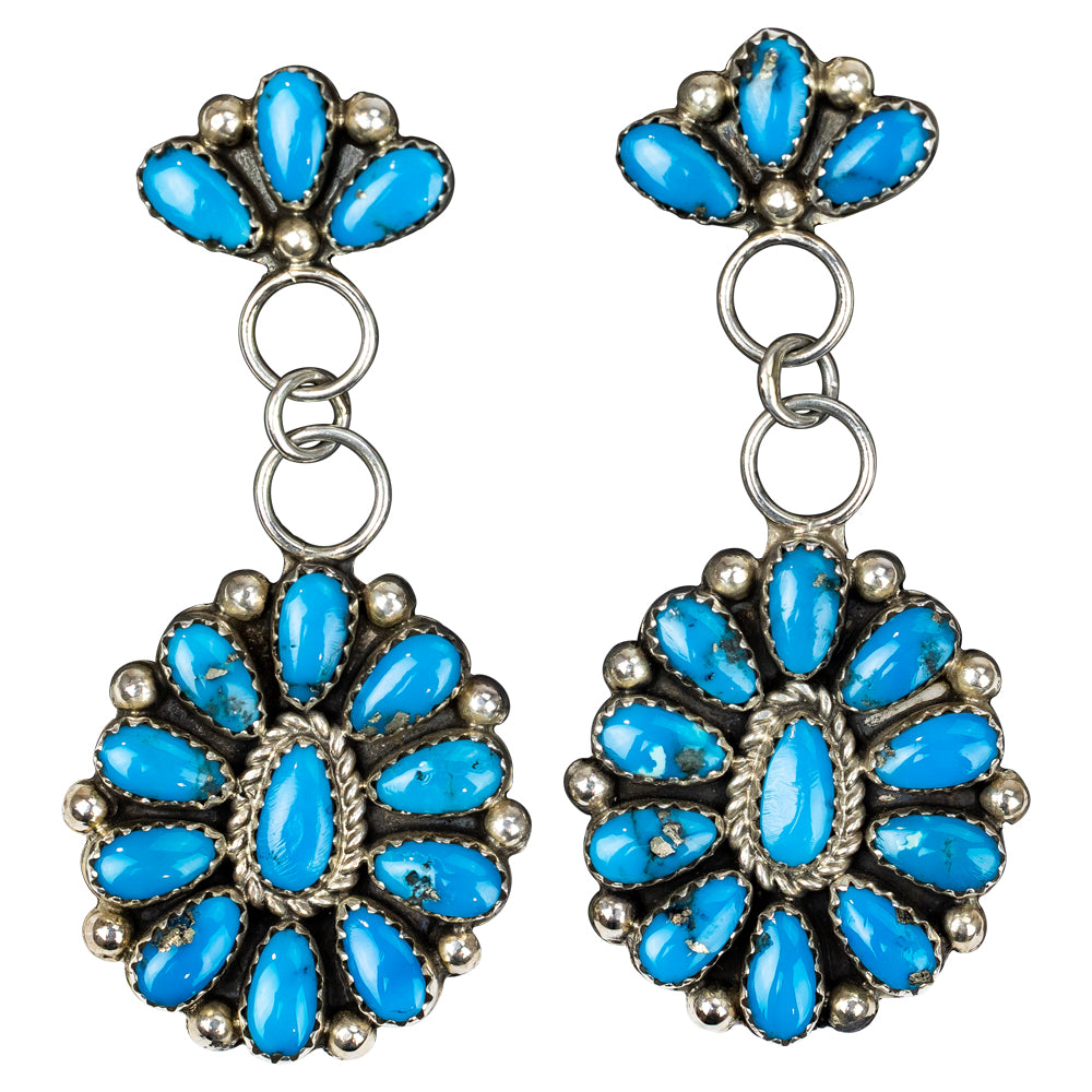 Pair of earrings with blue gemstones and silver accents on a white background