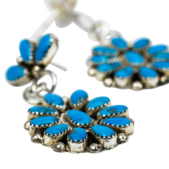 Pair of earrings with blue gemstones and silver accents on a white background
