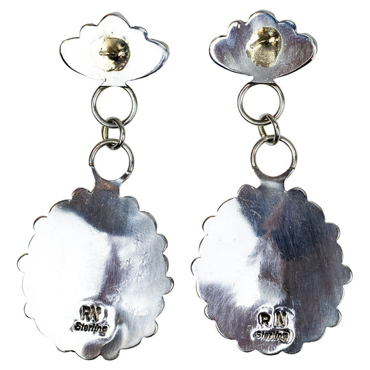 Pair of earrings with blue gemstones and silver accents on a white background