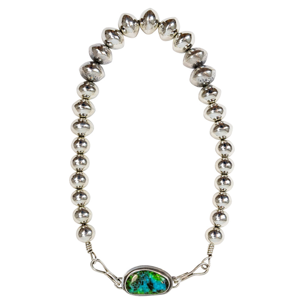 Silver beaded choker necklace with a green and blue stone clasp on a white background