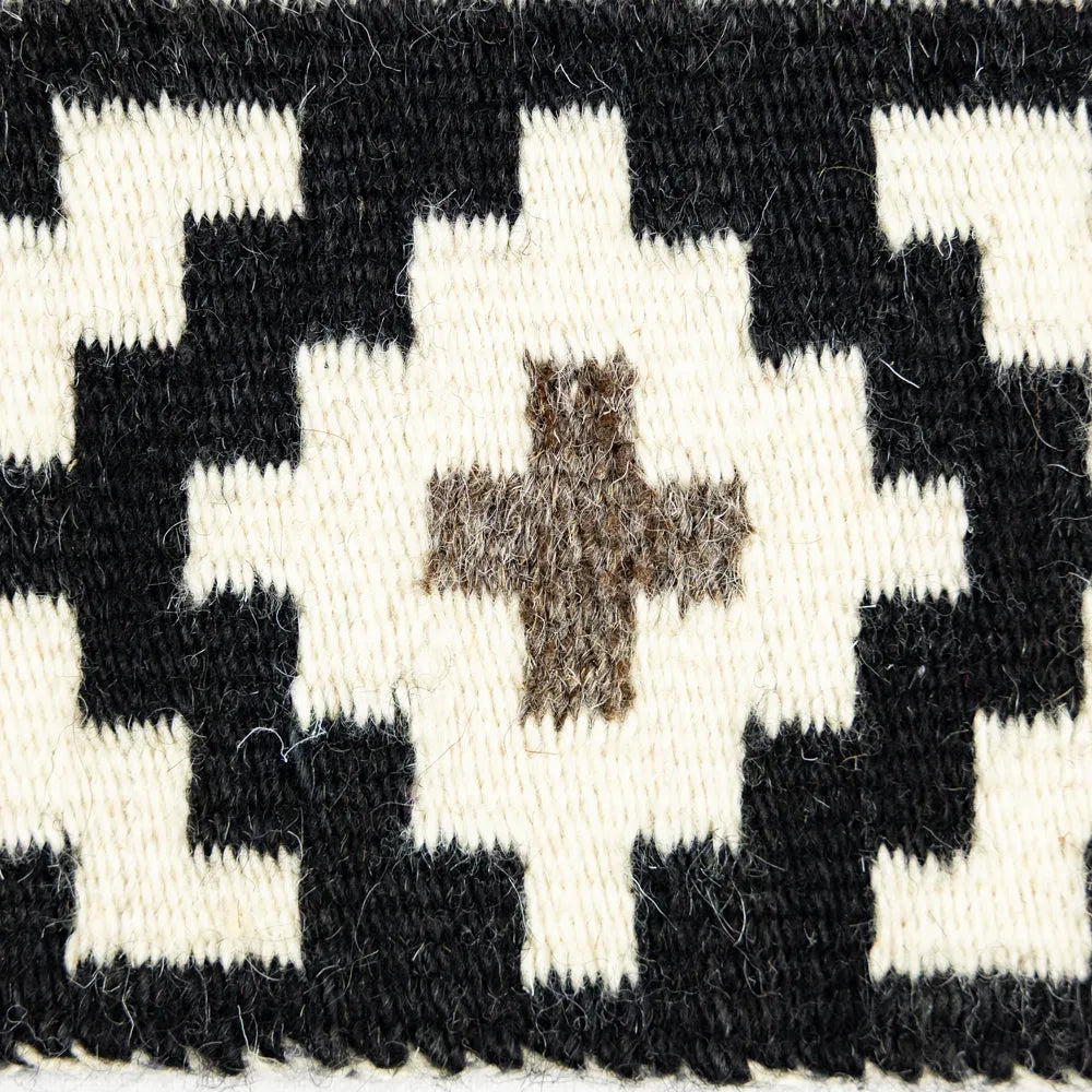 Close-up of a woven pattern with black and white diamond shapes and a central brown star.