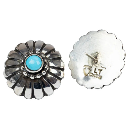 Silver concho with turquoise stone and 'LT Sterling' logo on a white background