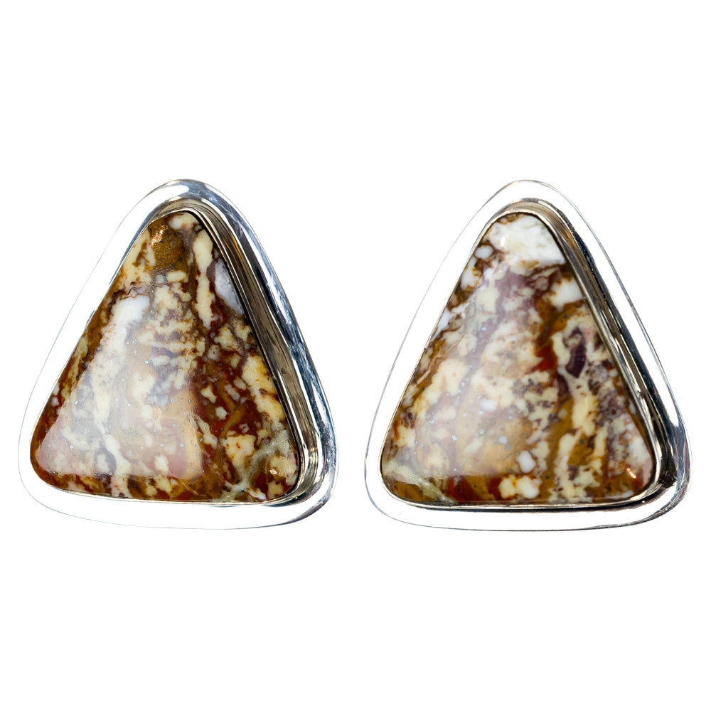 Triangular stone earrings with silver frames on a white background