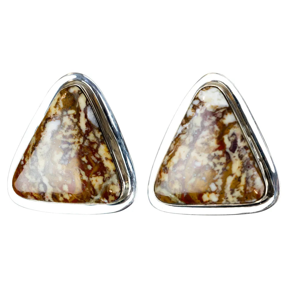 Triangular stone earrings with silver frames on a white background
