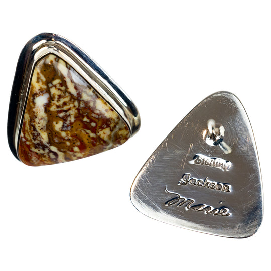 Triangular stone earrings with silver frames on a white background