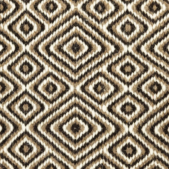 Patterned wool fabric with a geometric design in brown and beige tones.