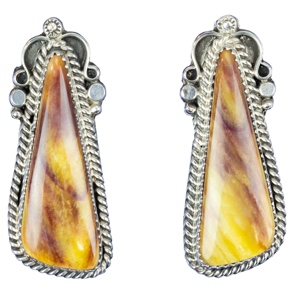 Pair of earrings with teardrop-shaped amber stones and silver frames on a white background