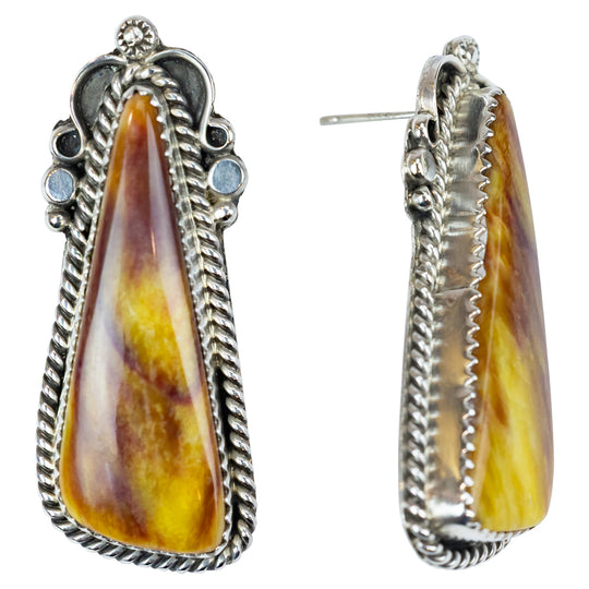 Pair of earrings with teardrop-shaped amber stones and silver frames on a white background