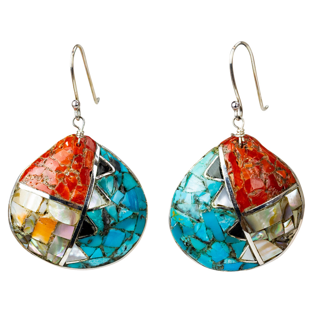 Colorful mosaic earrings on a white background