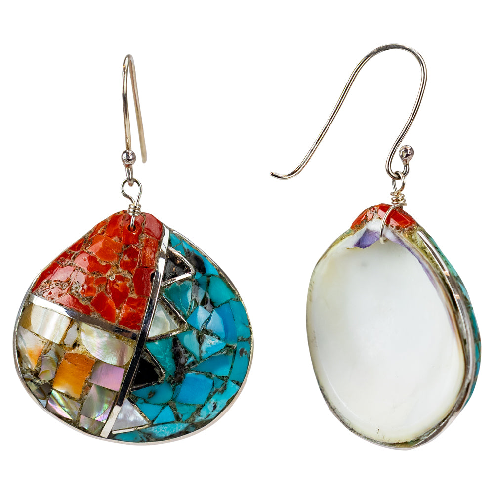 Colorful mosaic earrings on a white background