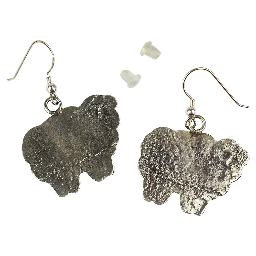 Reverse side of Tufa Cast Silver Sheep Earrings by Navajo silversmith Ravis Henry