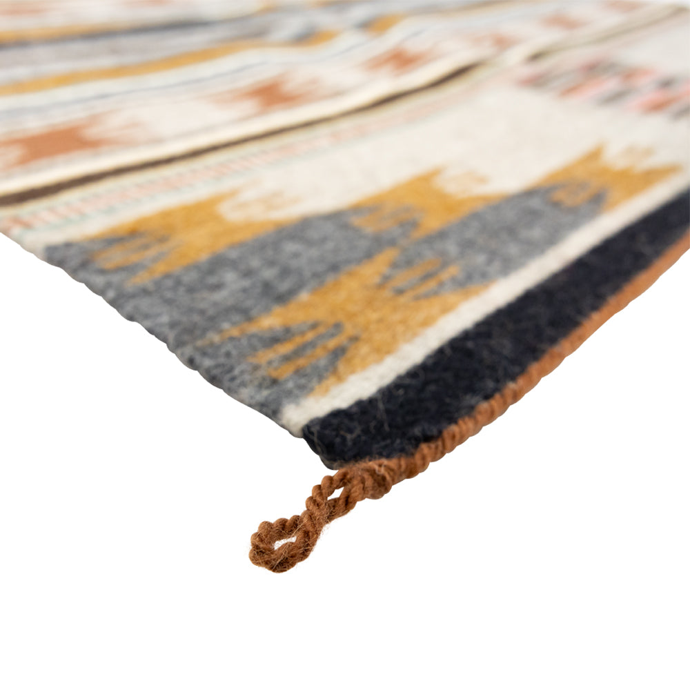 Close-up of a patterned rug with earthy tones on a white background