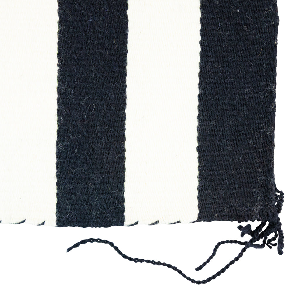 Striped Navajo blanket with black, white, and blue horizontal stripes on a white background
