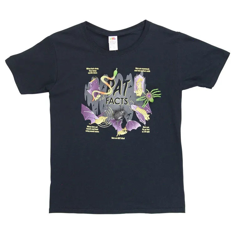 Black t-shirt with bat-themed graphic and text on a white background