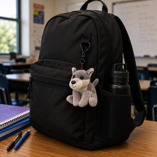 A black backpack sitting on a wooden desk in a classroom setting, featuring a gray and white plush dog keychain hanging from a zipper pull and a black water bottle in the side mesh pocket.