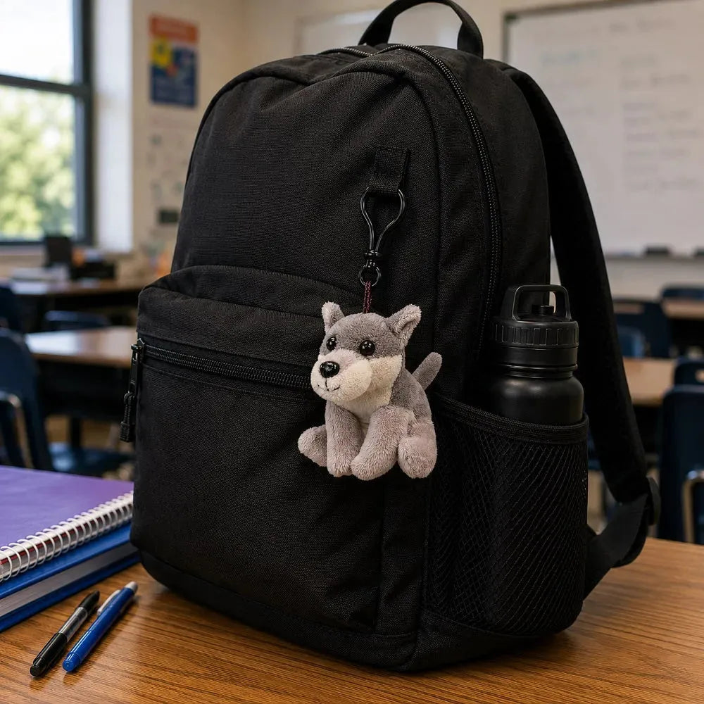 A black backpack sitting on a wooden desk in a classroom setting, featuring a gray and white plush dog keychain hanging from a zipper pull and a black water bottle in the side mesh pocket.
