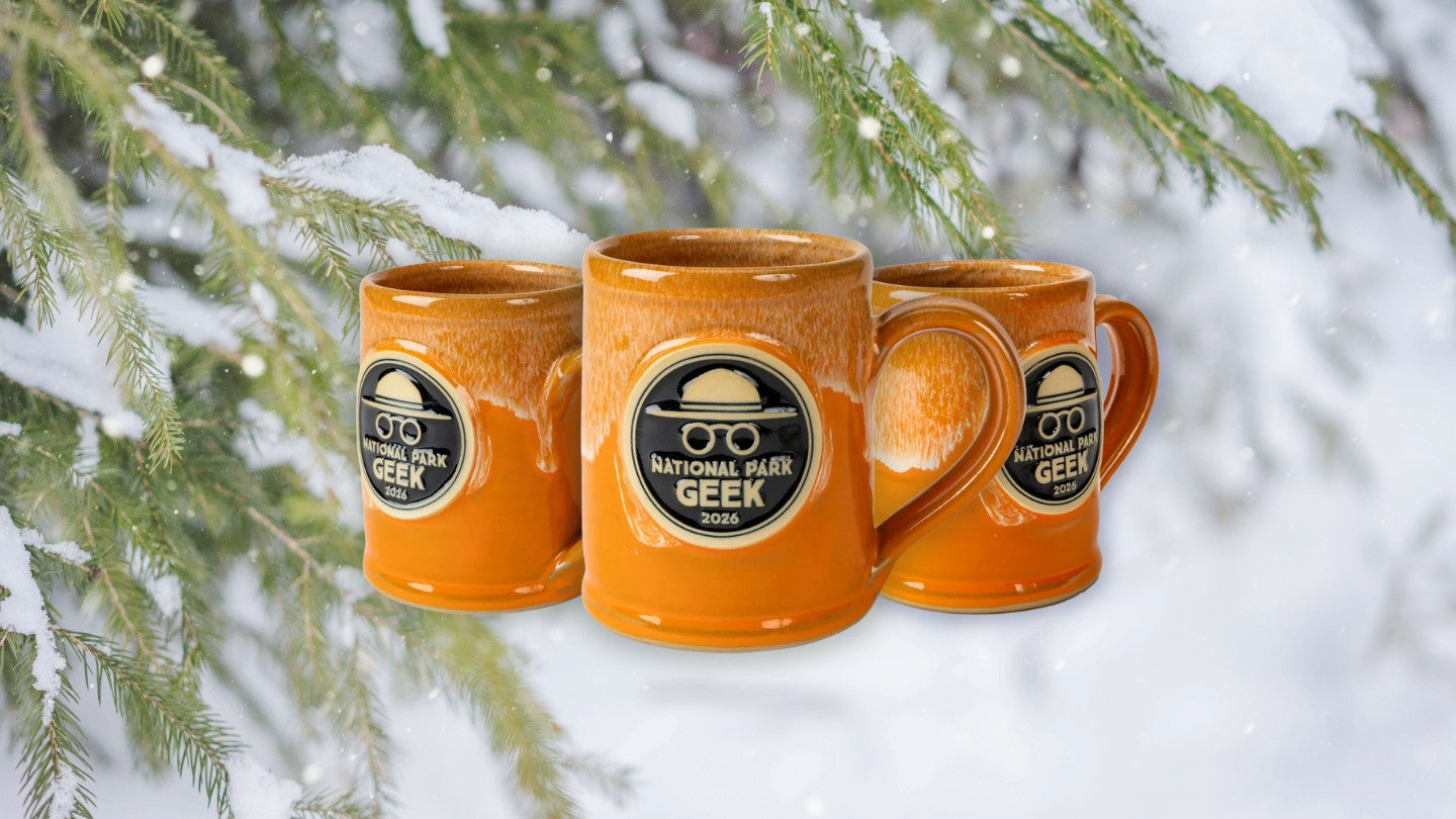 Three orange mugs with 'National Park Geek' logo on a snowy background