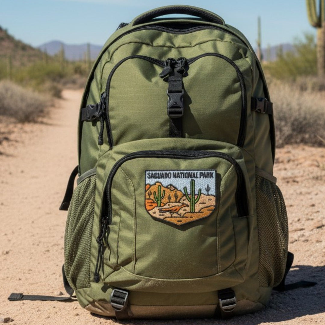 An olive green backpack with a &