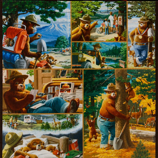 A collage of illustrated scenes featuring Smokey the Bear  in a ranger hat and blue jeans engaging in outdoor activities such as camping, driving a jeep, reading, lying on a log, standing by a tree with a shovel, and resting in bed. 