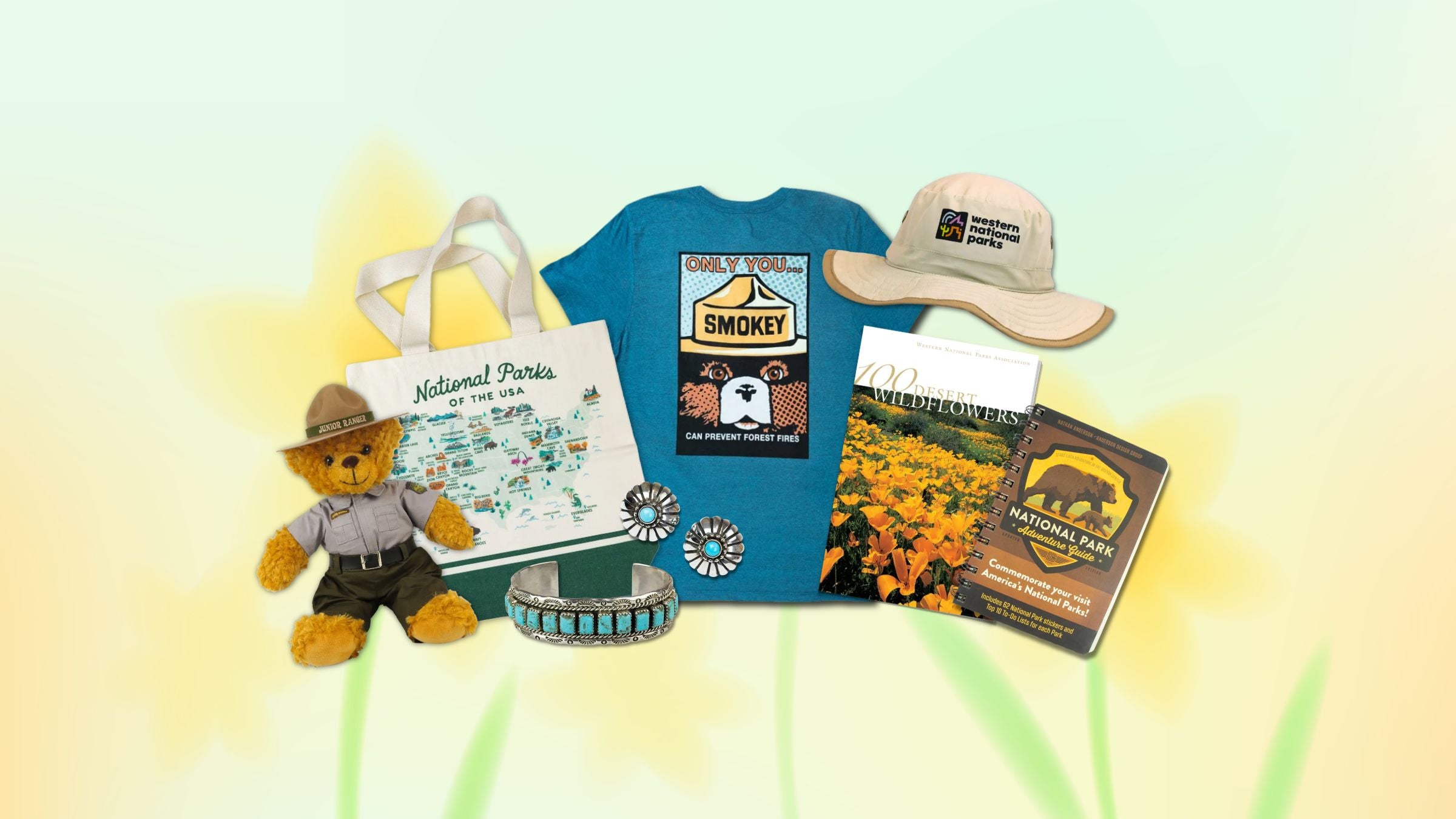 Collection of National Park-themed merchandise including a t-shirt, hat, teddy bear, and tote bag on a gradient background.