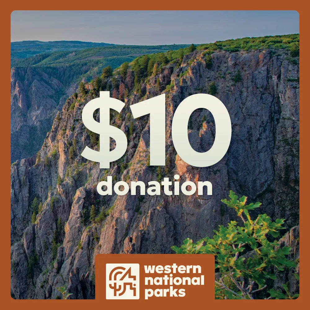 Cliffside landscape with '$10 donation' text and Western National Parks logo.