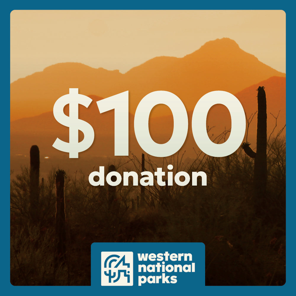 Desert landscape with mountains and cacti, featuring '$100 donation' text and Western National Parks logo.