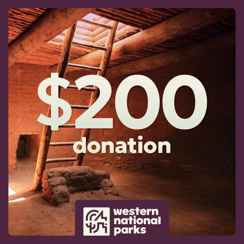 Donation call with '$200 donation' text over a rustic interior background, featuring the Western National Parks logo.